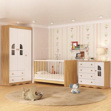 Imagem de Quarto De Bebê Completo Berço 3 Em 1 Para Colchão 130x60cm Liz Multimóveis MP4559 Madeirado-branco