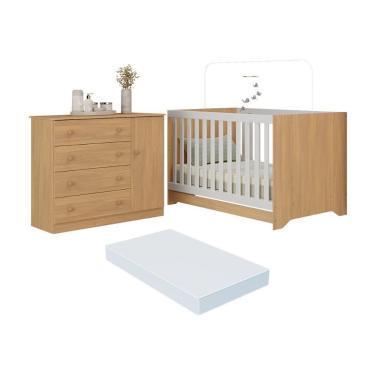 Imagem de Berço Americano 3 Em 1 Com Colchão Incluso E Cômoda 1 Porta 4 Gavetas Encanto Multimóveis MP4695 Madeirado