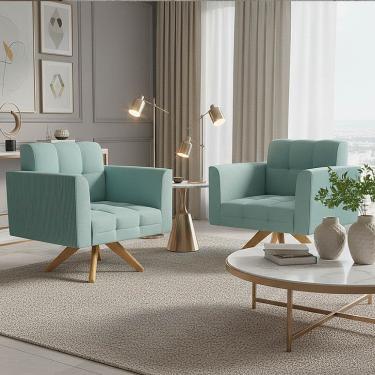 Imagem de Poltrona Sala Decorativa Kit 2 Elisa Giratória Castanho MA30 Cotelê Ext/Veludo Menta D03 - D'Rossi