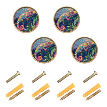 Imagem de ODAWA Pacote com 4 puxadores de gaveta de cozinha vintage coloridos Chameleon Jungle com parafuso, ferragens para móveis de decoração de casa