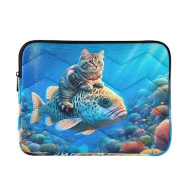 Imagem de Capa protetora à prova de choque para laptop, gato pequeno montando em peixes, capa protetora para notebook, pasta, bolsa de transporte, 15-15,6 polegadas