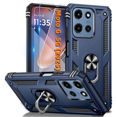 Imagem de Capa para Motorola Moto G 5G 2025 com 2 peças de protetor de tela HD, suporte de anel magnético resistente [grau militar] capa protetora para Moto G 5G 2025, azul