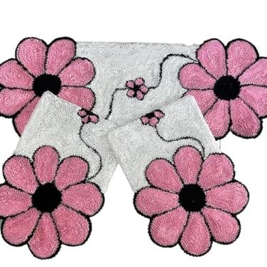 Imagem de Conjunto de tapetes para passadeira de corrida Tapetes de cozinha Decoração funcional Conforto Casa(Jogo Três Peças Rosa/Off)