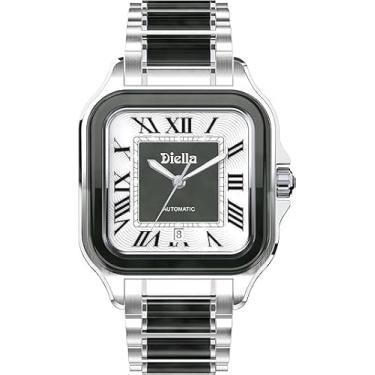 Imagem de Diella Relógio de pulso masculino retangular, relógios automáticos com corda automática para homens com jade e aço inoxidável, relógio analógico com números romanos com data, à prova d'água, Prata, Clássico, retrô