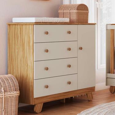 Imagem de Cômoda Infantil 4 Gavetas 1 Porta em MDF Pingo Móveis Peroba - Amendoa/Off White