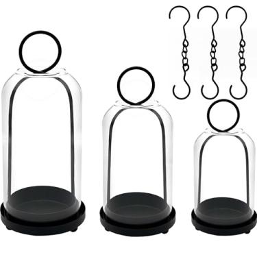 Imagem de Pacote com 3 castiçais de metal com cúpula de vidro, conjunto de castiçais pretos de 14 cm e 11,9 cm e 9,9 cm de largura, castiçais de furacão versáteis para velas de pilar, suportes decorativos de