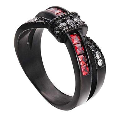 Imagem de Design de cinto banhado a ouro preto alianças de casamento femininas corte princesa vermelho CZ strass anel de noivado, Metal strass Metal, Zircônia cúbica