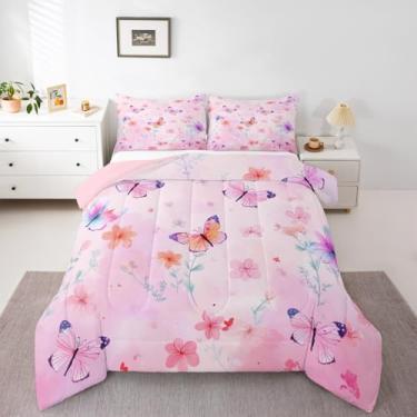 Imagem de Erosebridal Jogo de cama solteiro com borboleta, flor rosa, para meninas, crianças, mulheres, decoração de quarto fofo, aquarela, borboletas, primavera, jardim, ramos, edredom