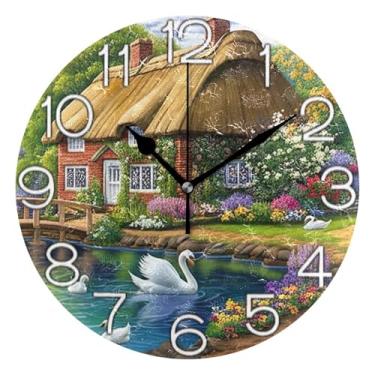 Imagem de GAIGEO Relógio de parede analógico decorativo quarto cozinha relógio estético silencioso sem tique-taque, arte de parede moderna legal decoração de casa cisnes brancos coloridos flor floral, 25 cm