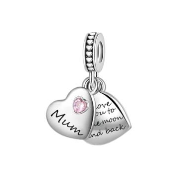 Imagem de Pingente de coração duplo de zircônia cúbica rosa com pingente dividido para pulseiras Pandora "I Love You to the Moon and Back", presente de aniversário de Natal para mulheres, filha, mãe