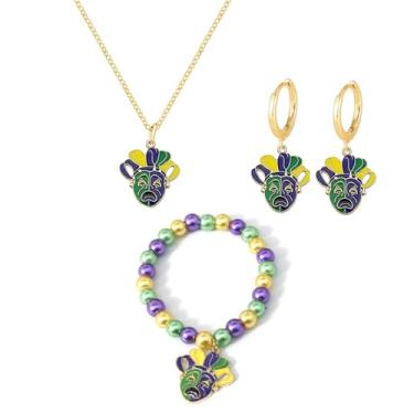 Imagem de QLUYCKW Mardi Gras Colar Brinco Pulseira Conjunto para Mulheres Carnaval Coroa Máscara Chapéu Pingente Colar Roxo Verde Ouro Contas Pulseiras Elásticas Carnaval Feriado Charme Acessório Joias, Medium