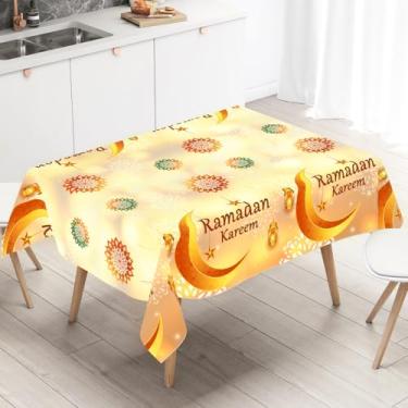 Imagem de Toalha de mesa Ramadan Kareem, capa de mesa amarela Eid Mubarak, toalha de mesa retangular de plástico retangular dourada para decoração do Ramadã e suprimentos de lembrancinhas de festa, 139 x 213 cm