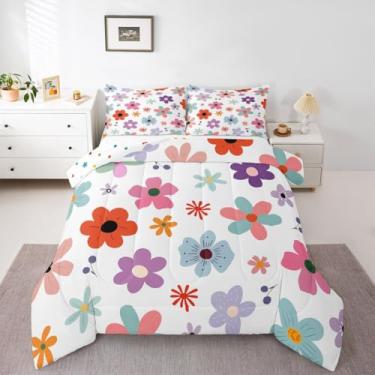 Imagem de jejeloiu Conjunto de edredom floral, tamanho casal, para crianças, meninos, meninas, fazenda, jardim, edredom fofo, decoração de quarto, microfibra colorida, 3 peças com 2 fronhas
