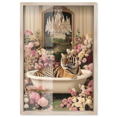 Imagem de Arte de parede de banheiro com estampa Tiger in Spring Shadowbox da Art Remedy, moldura loira, 28 x 40 cm