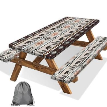 Imagem de BATRUG Toalha de mesa de piquenique 76 x 182 cm com capa de banco, urso vintage ocidental, resistente à água, toalha de mesa de piquenique com elástico para acampamento com bolsa com cordão, 3 peças