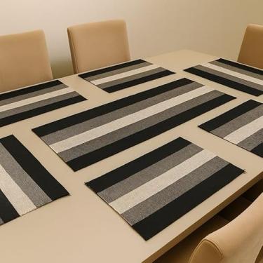 Imagem de Jogo Americano 7 Peças em Algodão Feito em Tear – Caminho de Mesa e Sousplat Decorativo Chic para Mesa de Jantar (Preto com faixa)