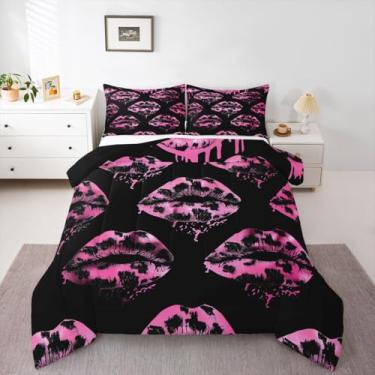 Imagem de jejeloiu Jogo de cama casal com lábios de leopardo, boca sexy, edredom para quarto de crianças, meninos, meninas, estampa de guepardo, microfibra ultramacia e respirável