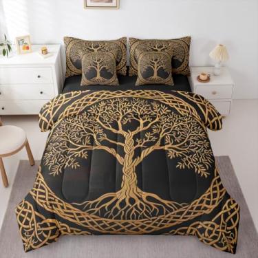 Imagem de Jogo de cama King com árvore da vida, preto dourado, 7 peças, árvore da vida, viking, nórdico misterioso, com lençol de cima e lençol com elástico, árvores nórdicas mágicas