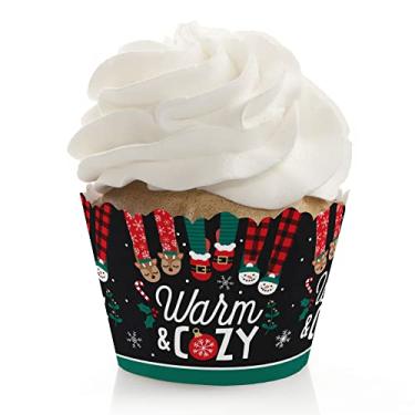 Imagem de Big Dot of Happiness Pijamas de Natal – Decorações de festa PJ xadrez festivas – Embalagem de cupcake de festa – Conjunto de 12