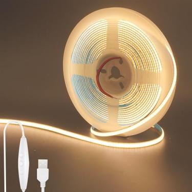Imagem de Clearhill Fita de luzes LED COB USB 5V com interruptor regulável, 2 m, branco quente 3000K, 320LEDs/M, largura de 5 mm, não à prova d'água IP20, cabo de comutador USB de 1,5 m, para decoração de
