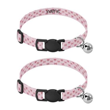 Imagem de SEHANY Conjunto de 2 coleiras de cachorro com laço rosa fofo, fivela de plástico resistente, leve, macia e leve, com sino pequeno, coleiras personalizadas com nome de animal de estimação para meninos