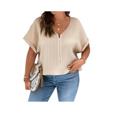 Imagem de Camiseta Feminina plus Size Com Decote Em V, Manga Curta E Zíper, Casu