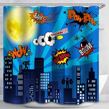 Imagem de Superhero Shower Curtain for Boys Girls Kids, Building Cityscape City,Yellow Moon Cartoon Boom Skyline Evening Scene Blue Decor Fabric Polyester Waterproof 12 Hooks 60x72 inches