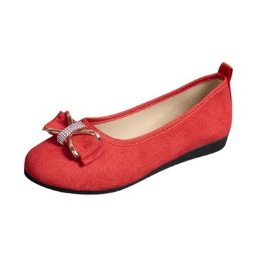 Imagem de Sapato feminino fashion casual primavera verão laço bico redondo sem cadarço respirável boca rasa salto baixo sapatos rasos, Vermelho, 38