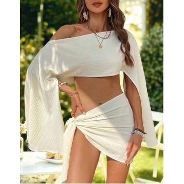 Imagem de Conjunto Feminino Verão Saia de Amarrar e Blusa Ombro Só Moda Praia - 