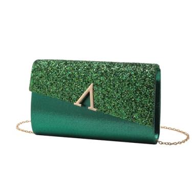 Imagem de CYSUE Bolsa clutch brilhante em forma de V para mulheres, bolsa de noite, bolsa de festa à noite, bolsa de ombro com corrente, transfronteiriça, Verde, One Size