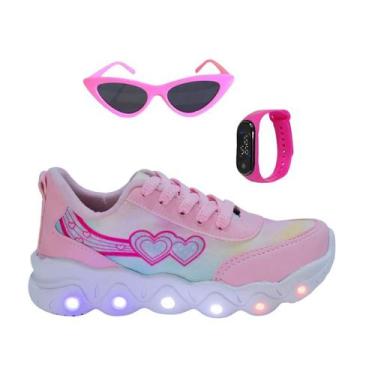Imagem de Tênis Led Infantil Feminino Casual Jogging Estrela Coração Rosa +Óculo