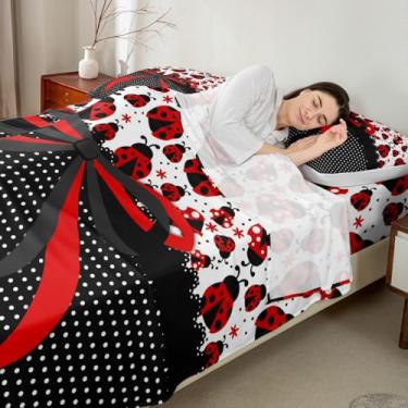 Imagem de Manfei Jogo de cama King com laço vermelho e preto, joaninha, besouro, inseto, rústico, para meninas, meninos, com gravata borboleta geométrica de bolinhas, 4 peças (elástico + plano + 2 fronhas)