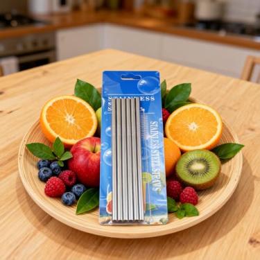 Imagem de Conjunto de 6 canudos de metal reutilizáveis de aço inoxidável com escova de limpeza para bebidas frias, uso diário