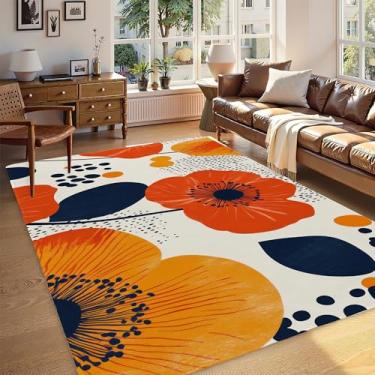 Imagem de Boho Tapete de outono com flores laranjas para sala de estar, tapete antiderrapante lavável de pelo baixo design abstrato, tapete de área que economiza espaço para quarto, sala de jantar