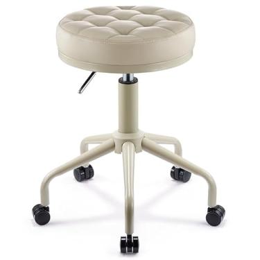 Imagem de AIROW Banqueta redonda com rodas, cadeira ajustável em altura giratória de 360°, almofada acolchoada de espuma de alta densidade para tatuagem de massagem de salão de spa