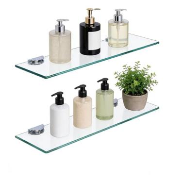 Imagem de SYLXTEEM Pacote com 2 prateleiras de banheiro, prateleiras flutuantes de vidro para parede, prateleira de vidro temperado pequena para banheiro, cozinha, sala de estar com suportes de liga de zinco,