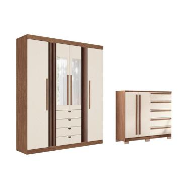 Imagem de Guarda Roupa com Cômoda Casal QC279 6 Portas de Bater 9 Gavetas MDF MDP com Espelho Jatoba-Areia