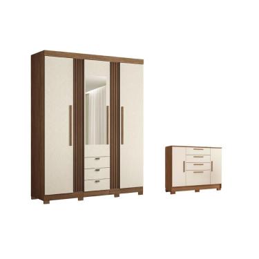 Imagem de Guarda Roupa +1 Cômoda Solteiro e Closet QC237 3 Portas de Bater 3 Gavetas em MDP com Espelho Jatobá-Areia