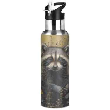 Imagem de ALAZA Garrafa de água de guaxinim e flores amarelas de 946 ml com tampa de palha, garrafa de água isolada de aço inoxidável para mulheres, homens, esportes, academia, acampamento ao ar livre