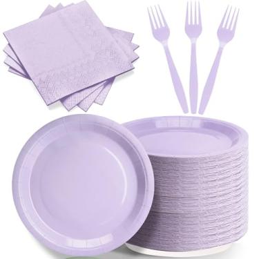 Imagem de Pratos e guardanapos de festa de lavanda, inclui 18 cm descartável de papel roxo claro prato de sobremesa guardanapos, garfos, suprimentos de festa para aniversário, chá de bebê, casamento