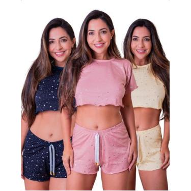 Imagem de Kit 3 Pijama Baby Doll Estampado Conjunto Cropped Short Dormir Confort
