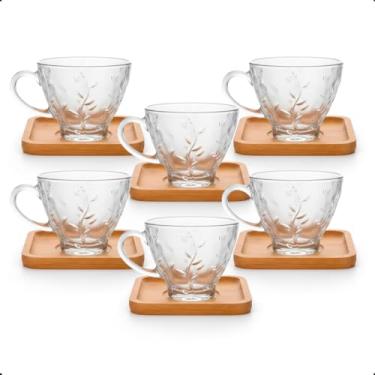 Imagem de Conjunto 6 Xícaras Vidro cozinha cafe chá Lily 220ml 7,5x9cm com pires 6 Descansos Bambu Mesa Posta