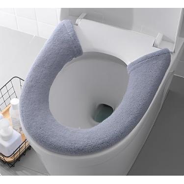 Imagem de Tampa de vaso sanitário, aquecedor macio e espesso para banheiro com botões fixos extensíveis de fibra lavável panos de tampa de vaso sanitário almofadas fácil instalação e limpeza (cinza)