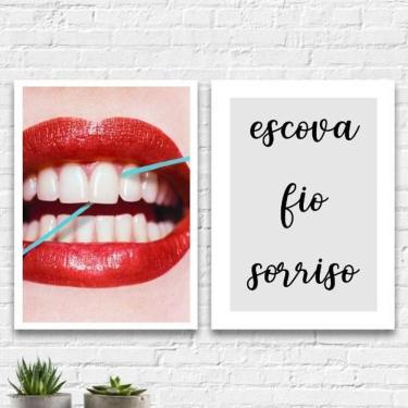 Imagem de Kit 2 Quadros Para Dentista Escova Fio Sorriso 45X34 Branca