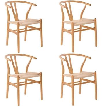 Imagem de Kit com 4 Cadeiras para Sala de Jantar Wishbone Madeira Maciça Madeira Clara