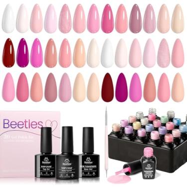Imagem de Esmalte de gel Beetles Pink – Conjunto de esmalte de gel 20 cores Dare to Bare rosa choque rosa rosa branco com glitter de imersão UV LED kit de manicure com 3 peças de base e top coat para manicure