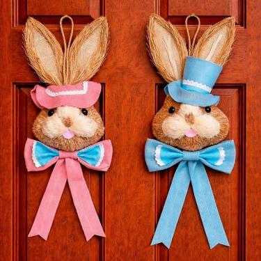 Imagem de Pendente Casal Cabeça Coelho Decoração De Páscoa Palha 85cm