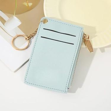 Imagem de Carteira pequena feminina de couro fina com porta-cartões e porta-moedas com chaveiro, Azul, Bonito