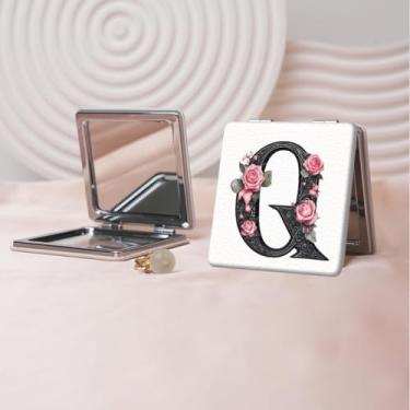 Imagem de Espelho de maquiagem portátil de couro PU retrô europeu com letras florais, mini espelho dobrável de mão dupla face, quadrado para retoque, presente ideal para todas as ocasiões