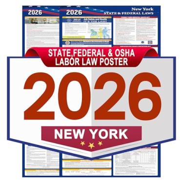 Imagem de Pôster das leis trabalhistas federais e estaduais de Nova York 2026 - Versão em inglês, compatível com o local de trabalho OSHA, 2 peças dobradas, tudo em um postagem de conformidade obrigatória, 43 x